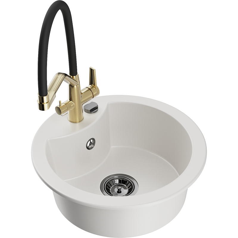 Mexen Diego Granite 1-Bowl Kitchen Sink with Duo Kitchen Tap, White - 6512-20-671701-57-B