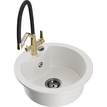 Mexen Diego Granite 1-Bowl Kitchen Sink with Duo Kitchen Tap, White - 6512-20-671701-57-B