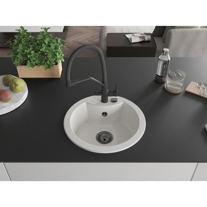 Mexen Diego 1-bowl granite sink with Duo kitchen tap, white - 6512-20-671701-70-B