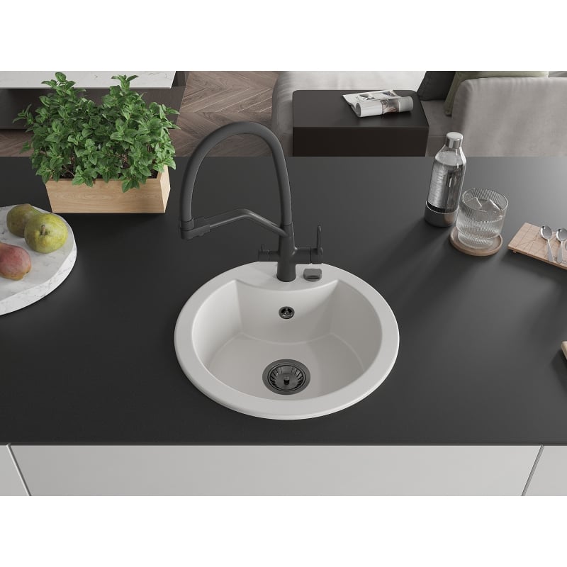 Mexen Diego granite kitchen sink 1-bowl with Duo kitchen faucet, white - 6512-20-671701-70-B