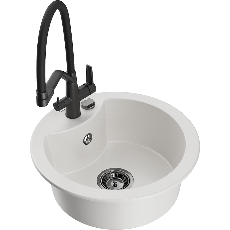 Mexen Diego 1-compartment granite sink with a kitchen mixer tap Duo, white - 6512-20-671701-70-B
