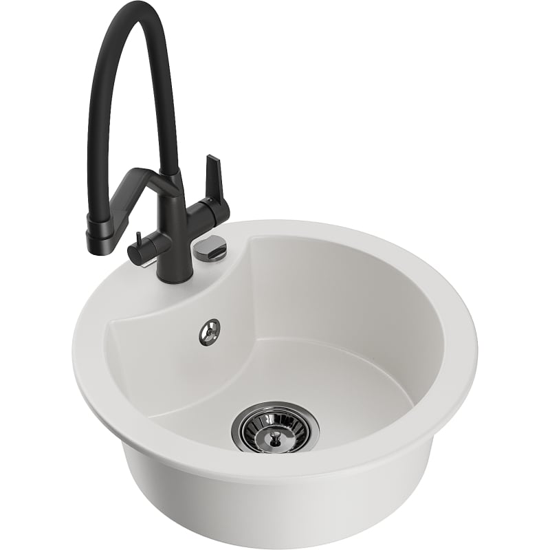 Mexen Diego granite kitchen sink 1-bowl with Duo kitchen faucet, white - 6512-20-671701-70-B