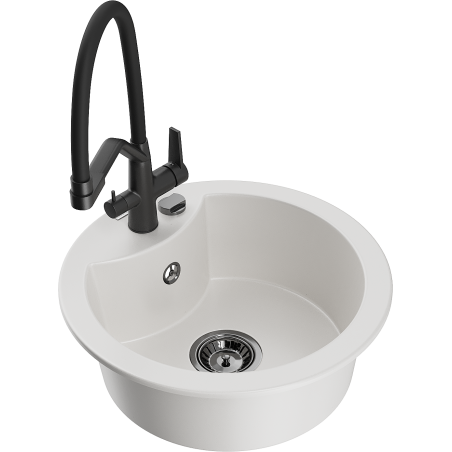 Mexen Diego 1-bowl granite sink with Duo kitchen tap, white - 6512-20-671701-70-B