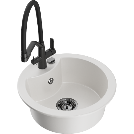 Mexen Diego granite kitchen sink 1-bowl with Duo kitchen faucet, white - 6512-20-671701-70-B