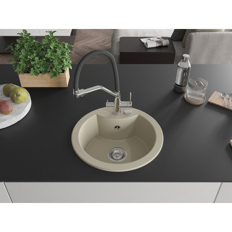 Mexen Diego 1-bowl granite sink with Duo kitchen faucet, beige - 6512-69-671701-07