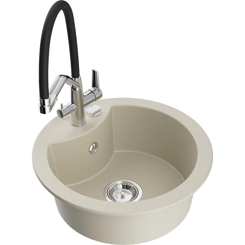 Mexen Diego 1-bowl granite sink with Duo kitchen faucet, beige - 6512-69-671701-07