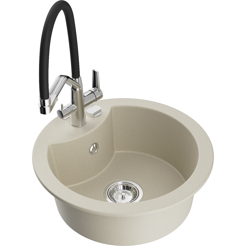 Mexen Diego Granite Kitchen Sink Single-Bowl with Duo Kitchen Mixer Tap, Beige - 6512-69-671701-07