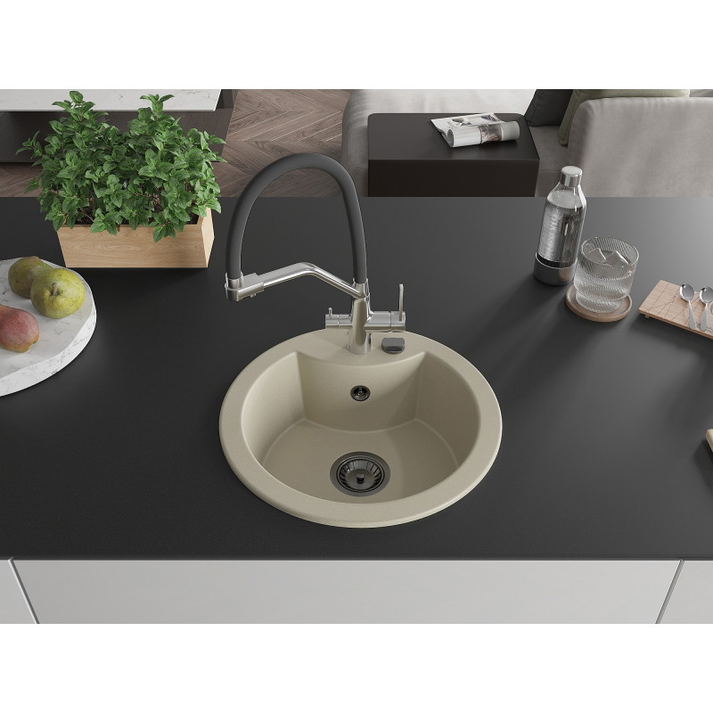Mexen Diego 1-bowl granite sink with Duo kitchen faucet, beige - 6512-69-671701-07-B