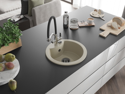 Mexen Diego 1-bowl granite sink with Duo kitchen faucet, beige - 6512-69-671701-07-B