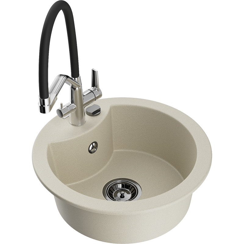 Mexen Diego 1-bowl granite sink with Duo kitchen faucet, beige - 6512-69-671701-07-B
