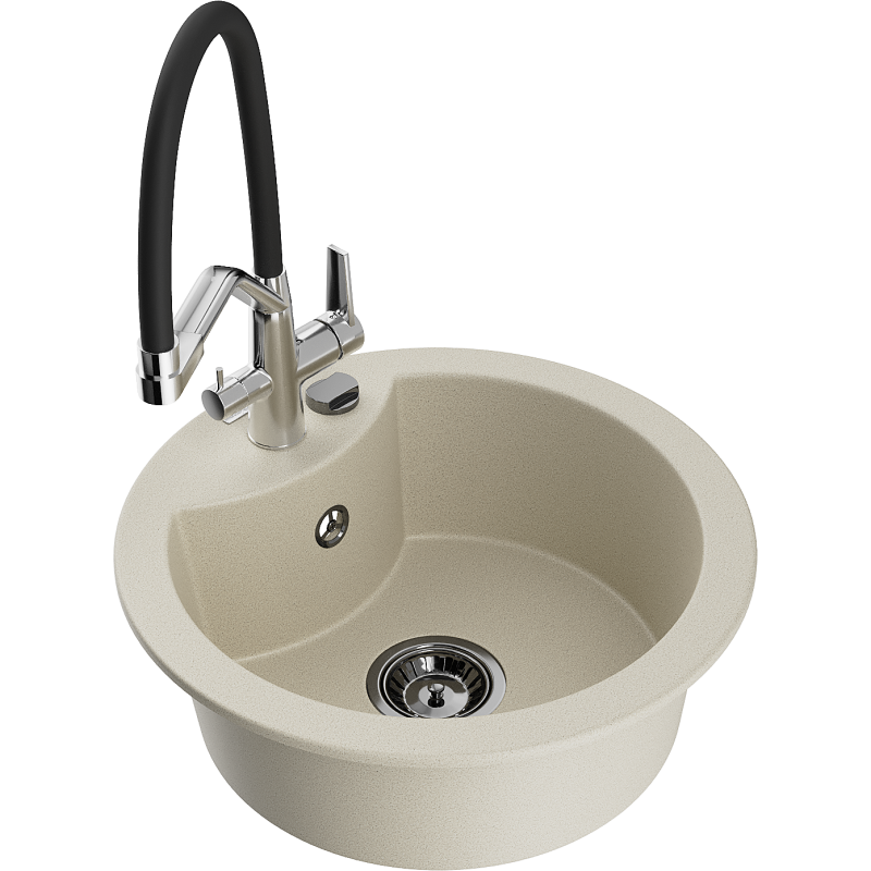 Mexen Diego 1-compartment granite sink with a kitchen mixer tap Duo, Beige - 6512-69-671701-07-B
