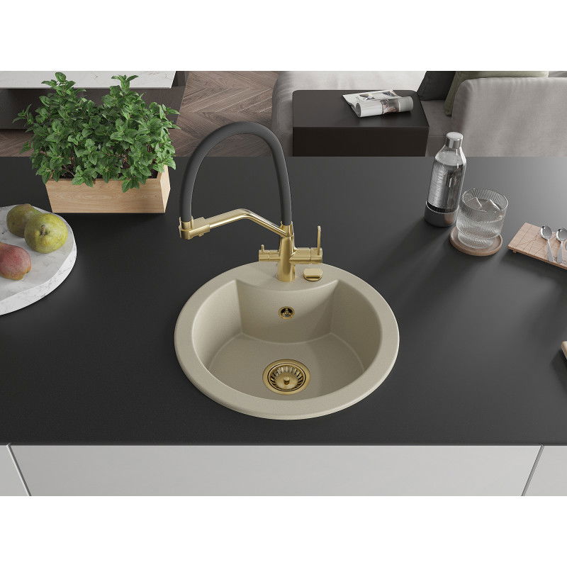 Mexen Diego single-bowl granite sink with Duo kitchen tap, beige - 6512-69-671701-57-G