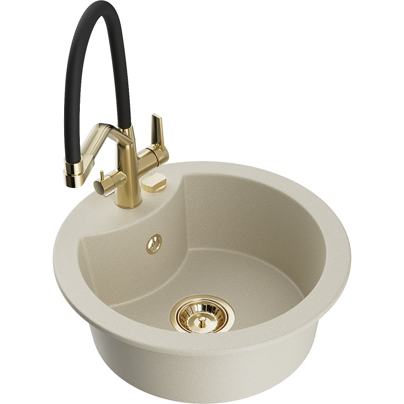 Mexen Diego 1-bowl granite sink with Duo kitchen faucet, beige - 6512-69-671701-57-G