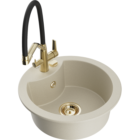Mexen Diego granite kitchen sink 1-bowl with Duo faucet, beige - 6512-69-671701-57-G