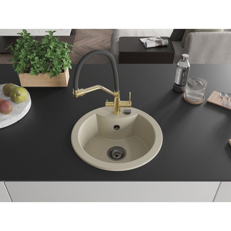 Mexen Diego 1-bowl granite sink with Duo kitchen faucet, beige - 6512-69-671701-57-B