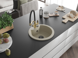 Mexen Diego 1-bowl granite sink with Duo kitchen faucet, beige - 6512-69-671701-57-B