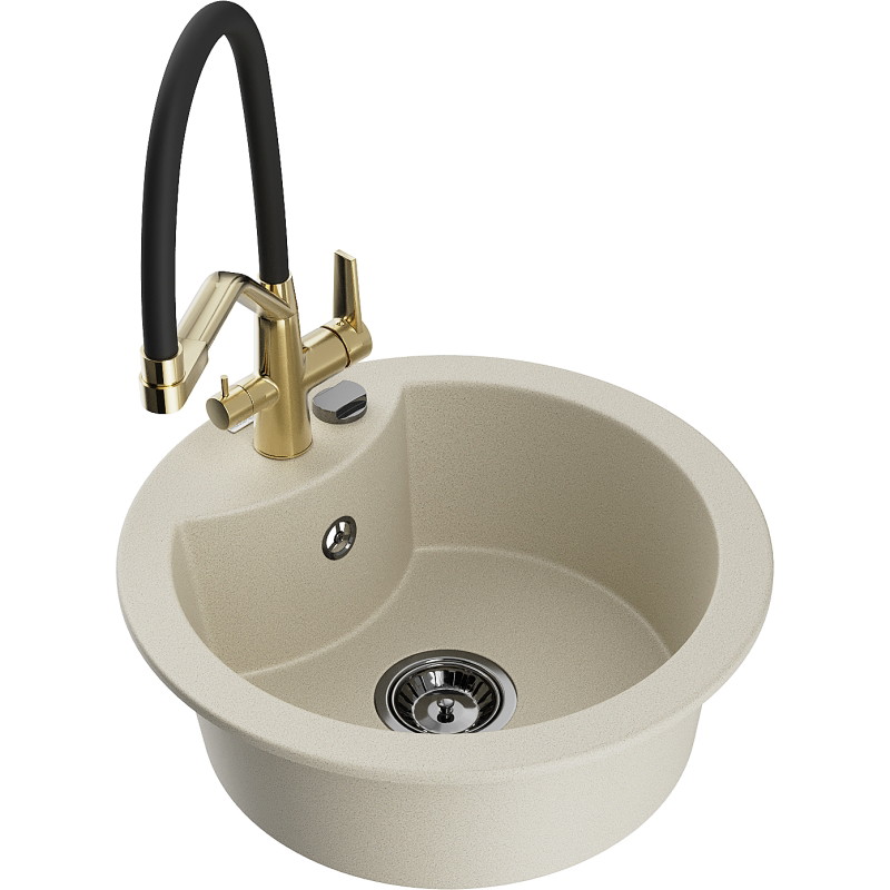 Mexen Diego 1-bowl granite sink with Duo kitchen faucet, beige - 6512-69-671701-57-B