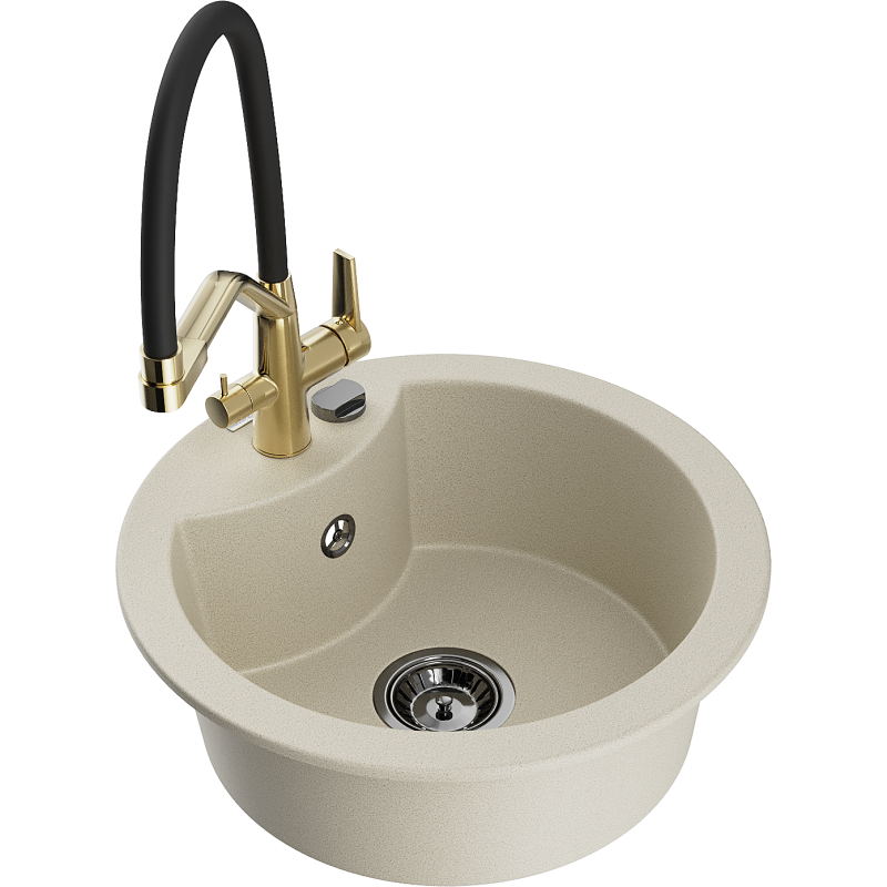 Mexen Diego granite sink 1-bowl with Duo kitchen faucet, beige - 6512-69-671701-57-B