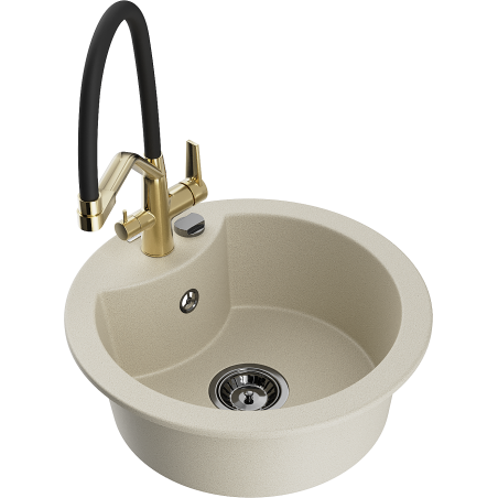 Mexen Diego granite sink 1-bowl with Duo kitchen faucet, beige - 6512-69-671701-57-B