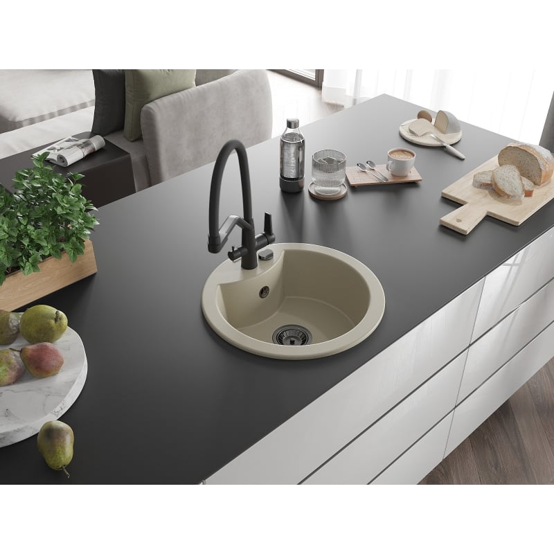 Mexen Diego 1-bowl granite sink with Duo kitchen faucet, beige - 6512-69-671701-70-B