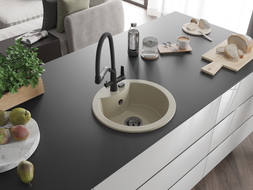 Mexen Diego 1-bowl granite sink with Duo kitchen faucet, beige - 6512-69-671701-70-B