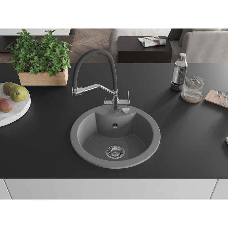 Mexen Diego 1-Bowl Granite Sink with Duo Kitchen Faucet, Gray - 6512-71-671701-07