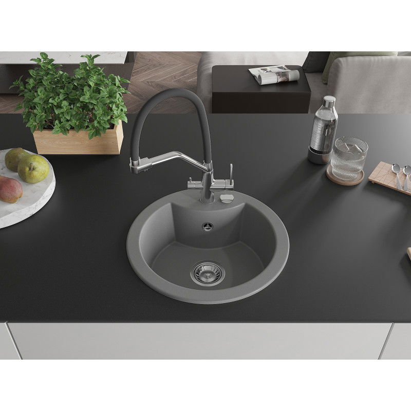 Mexen Diego 1-bowl granite sink with Duo kitchen tap, grey - 6512-71-671701-07