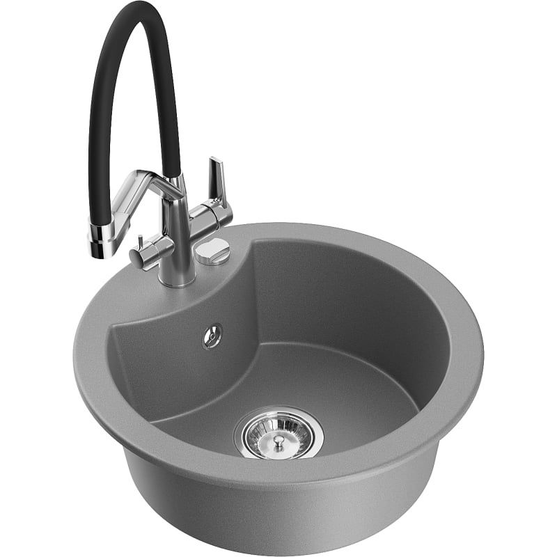 Mexen Diego 1-Bowl Granite Sink with Duo Kitchen Faucet, Gray - 6512-71-671701-07
