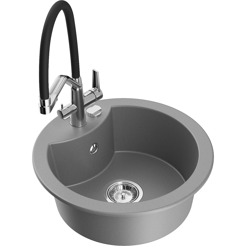 Mexen Diego 1-compartment granite sink with a kitchen mixer tap Duo, grey - 6512-71-671701-07