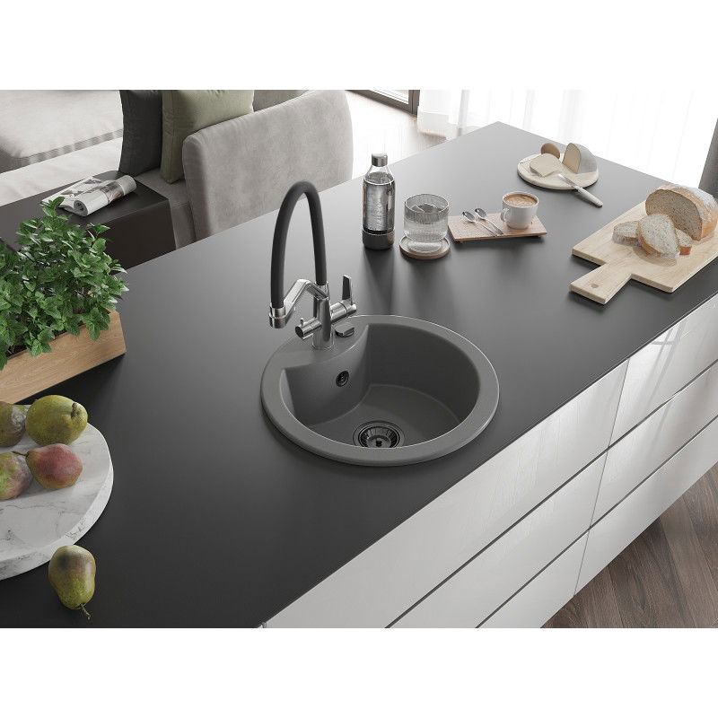 Mexen Diego 1-bowl granite kitchen sink with Duo tap, grey - 6512-71-671701-07-B