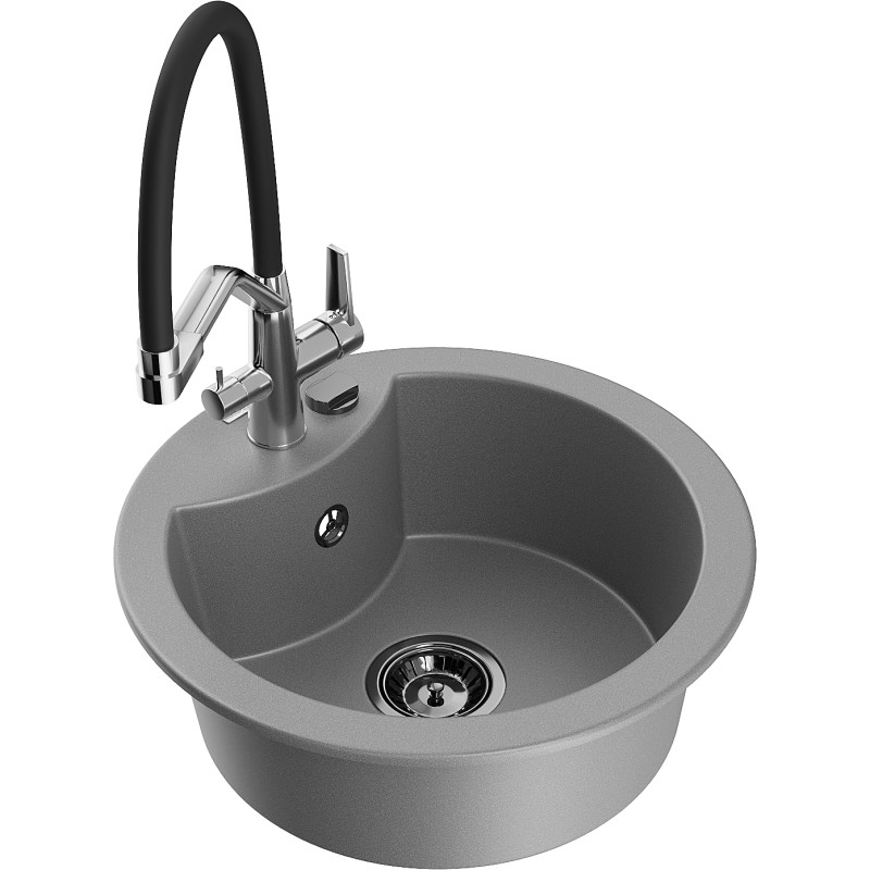 Mexen Diego 1-bowl granite kitchen sink with Duo kitchen faucet, gray - 6512-71-671701-07-B