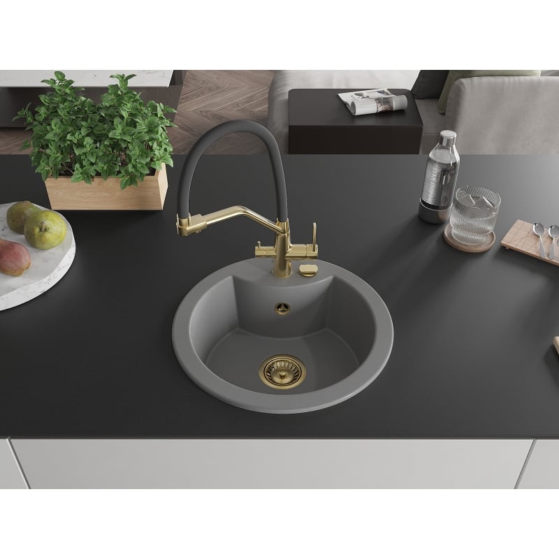 Mexen Diego 1-bowl granite sink with Duo kitchen faucet, gray - 6512-71-671701-57-G