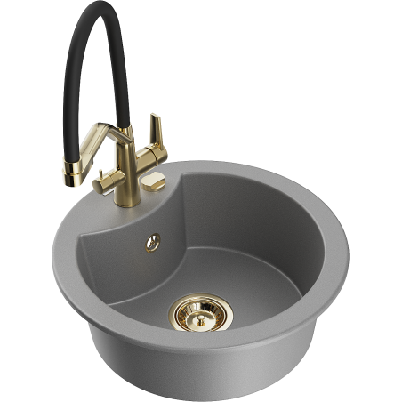 Mexen Diego 1-bowl granite sink with Duo kitchen faucet, gray - 6512-71-671701-57-G