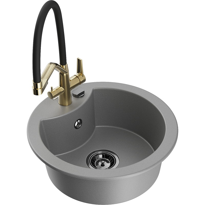 Mexen Diego single-bowl granite sink with Duo kitchen faucet, gray - 6512-71-671701-57-B