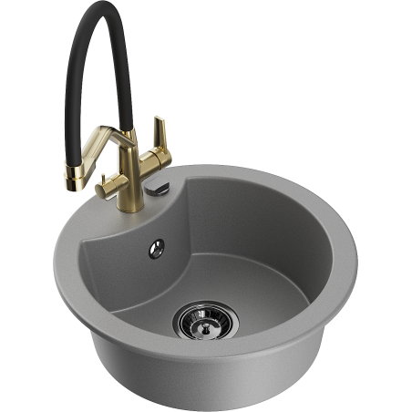 Mexen Diego granite kitchen sink 1-bowl with Duo kitchen faucet, gray - 6512-71-671701-57-B