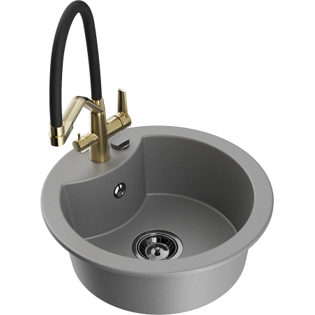 Mexen Diego single-bowl granite sink with Duo kitchen faucet, gray - 6512-71-671701-57-B