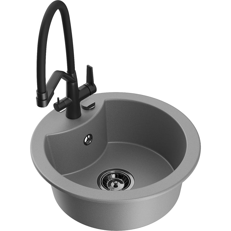 Mexen Diego 1-bowl granite sink with Duo kitchen faucet, gray - 6512-71-671701-70-B