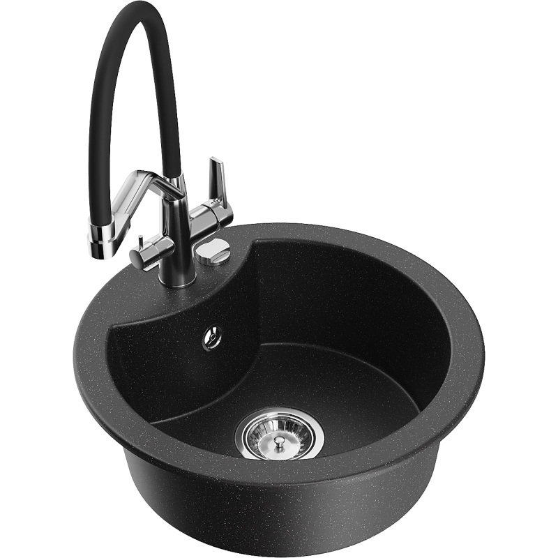 Mexen Diego 1-compartment granite sink with a kitchen mixer tap Duo, Black/ silver metallic - 6512-73-671701-07