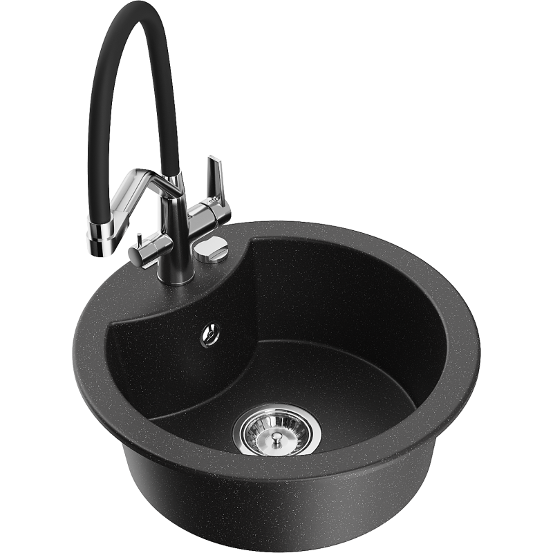 Mexen Diego single-bowl granite sink with Duo kitchen tap, black/silver metallic - 6512-73-671701-07