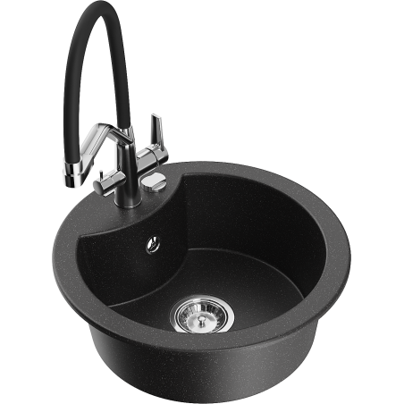 Mexen Diego single-bowl granite sink with Duo kitchen tap, black/silver metallic - 6512-73-671701-07