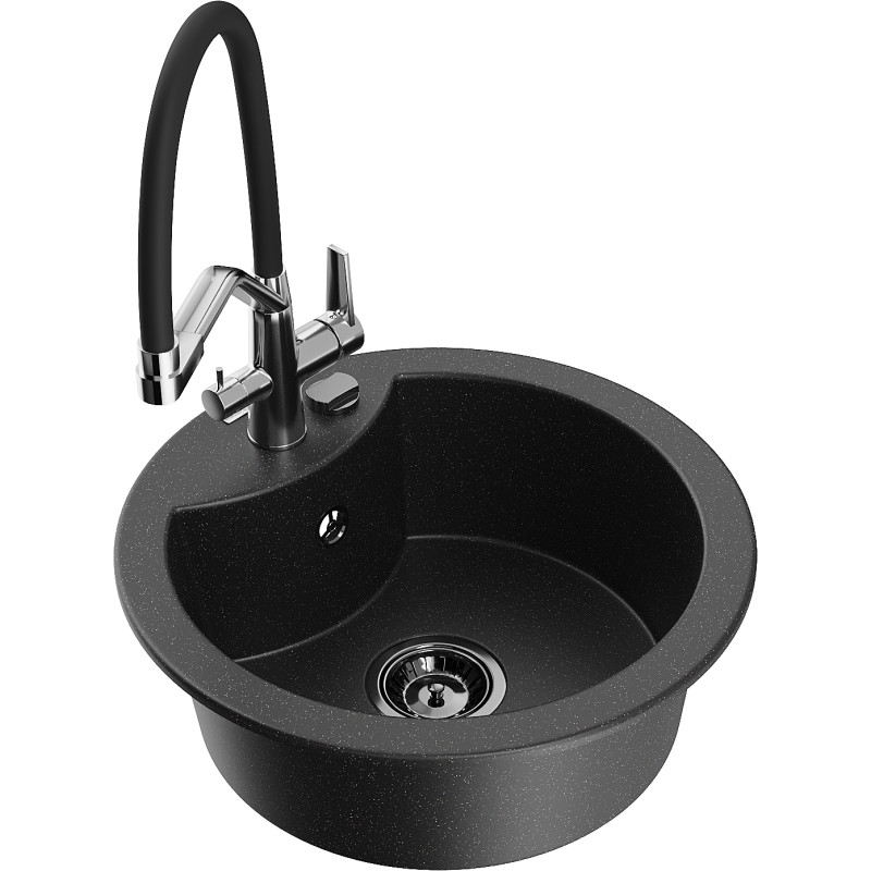 Mexen Diego 1-bowl granite sink with Duo kitchen faucet, black/silver metallic - 6512-73-671701-07-B