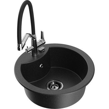 Mexen Diego 1-bowl granite sink with Duo kitchen faucet, black/silver metallic - 6512-73-671701-07-B