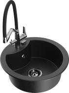 Mexen Diego 1-bowl granite sink with Duo kitchen faucet, black/silver metallic - 6512-73-671701-07-B
