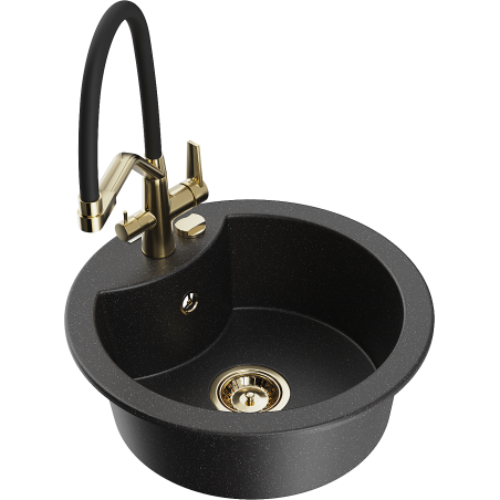 Mexen Diego 1-bowl granite sink with Duo kitchen faucet, black/silver metallic - 6512-73-671701-57-G