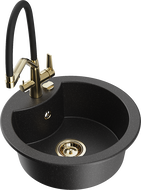Mexen Diego 1-bowl granite sink with Duo kitchen faucet, black/silver metallic - 6512-73-671701-57-G