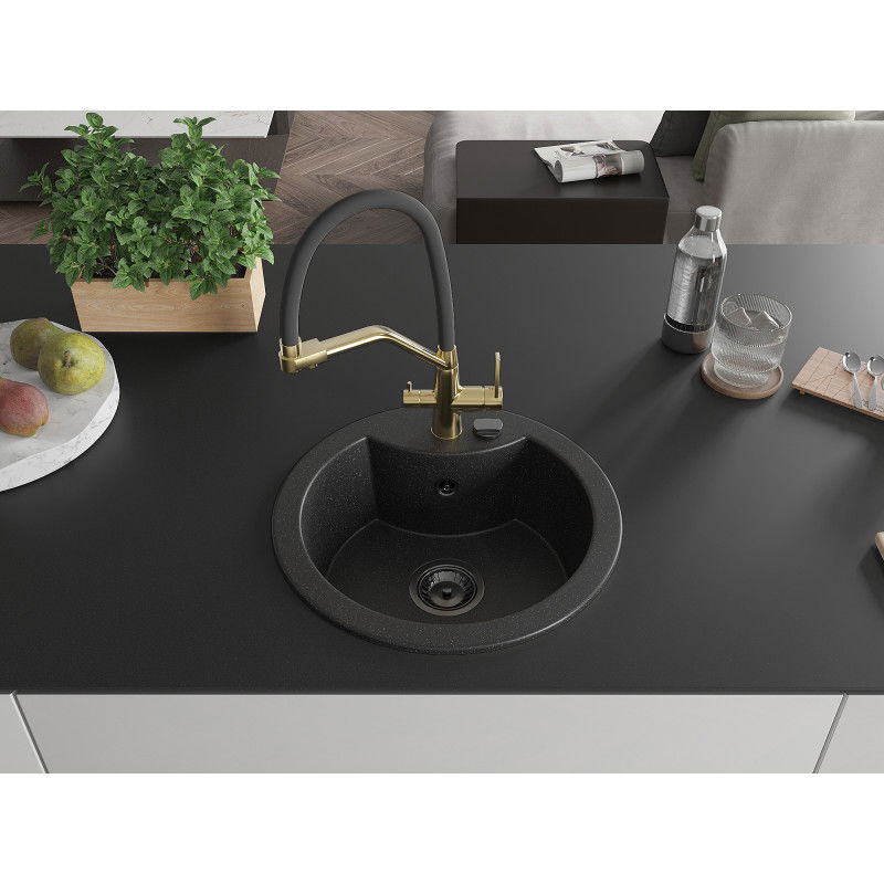 Mexen Diego granite kitchen sink single-bowl with Duo kitchen tap, black/silver metallic - 6512-73-671701-57-B