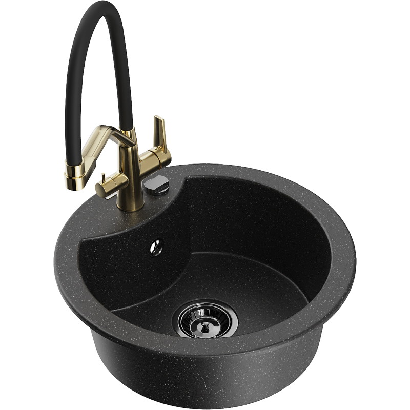 Mexen Diego 1-bowl granite sink with Duo kitchen faucet, black/silver metallic - 6512-73-671701-57-B
