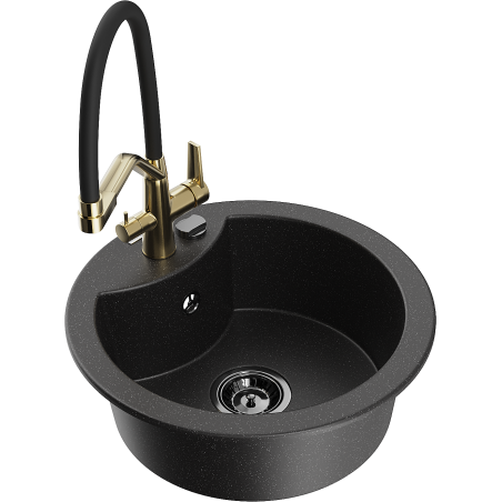 Mexen Diego single-bowl granite sink with Duo kitchen faucet, black/silver metallic - 6512-73-671701-57-B