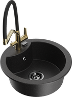 Mexen Diego single-bowl granite sink with Duo kitchen faucet, black/silver metallic - 6512-73-671701-57-B
