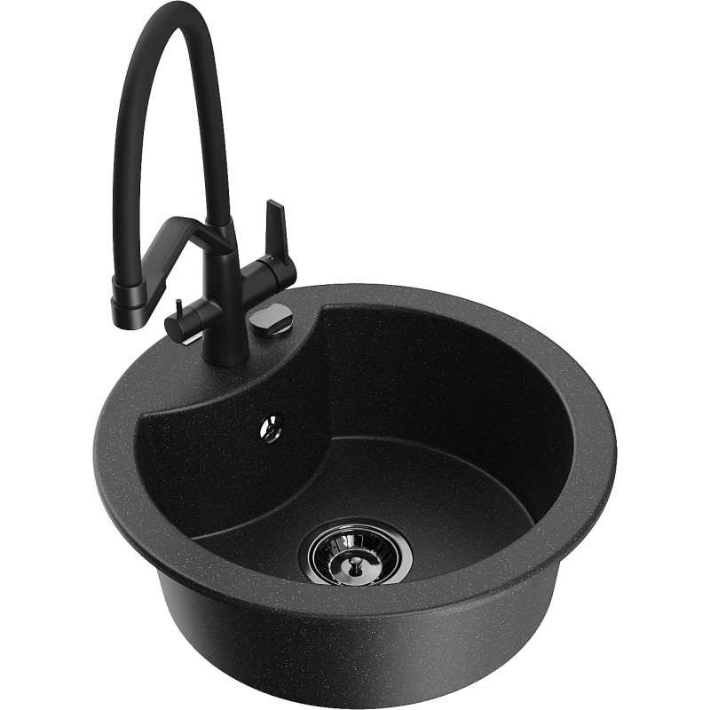 Mexen Diego 1-bowl granite sink with Duo kitchen faucet, black/silver metallic - 6512-73-671701-70-B